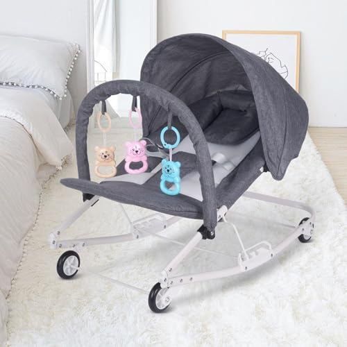Asiento Infantil Vibrador 2 en 1 Mecedora y Deslizador, Barra de Juguetes Removible, Pies Antideslizantes, 0-36 Meses Hasta 30 kg, Asiento Profundo y Estructura Reforzada (Gris)