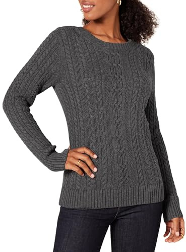 Amazon Essentials Women's Fisherman Cable Knit Long-Sleeve Crewneck Jumper (Available in Plus Size), Charcoal Heather, L