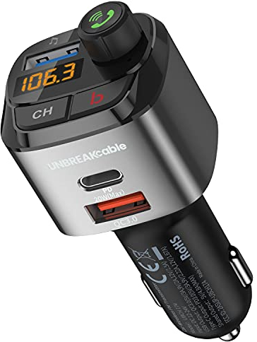 UNBREAKcable Bluetooth FM Transmitter Auto Radio Adapter, Auto Ladegerät mit PD3.0 und QC3.0 Ladeanschluss, Bass Verstärker, Freisprechfunktion, Siri und Google Assistant Unterstützung