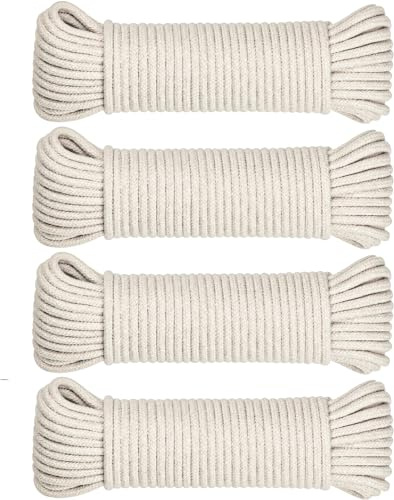 SteadMax 200ft Natural Cotton 3/16 Inch Rope, Heavy-Duty General-Purpose Utility Cord, Clothesline Rope, Ideal for Tents, Hammocks, Halters, Harnesses, Awnings, Outdoors, Sports (4 Pack, 50ft Each)