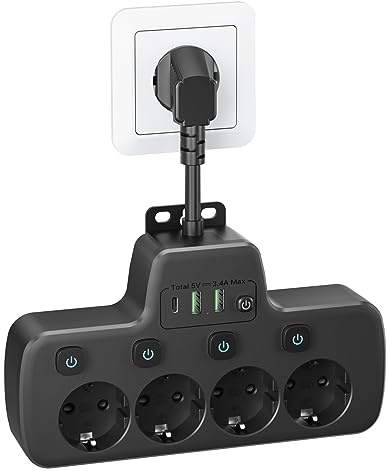 Presa Multipla con Interruttori Indipendenti,Ciabatta Multipresa con USB C,Multipresa da Parete 4 Presa Schuko e 3 USB Caricabatterie Ciabatta Elettrica Adattatore Salvaspazio Cavo 0,1M,Nero