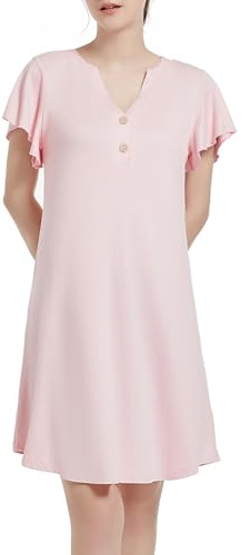 Xuepelit Nattlinne damer kortärmad sommar sovskjorta damer kort med knappslå bomull sexig amningsnattskjorta pyjamas amning, ROSA, L