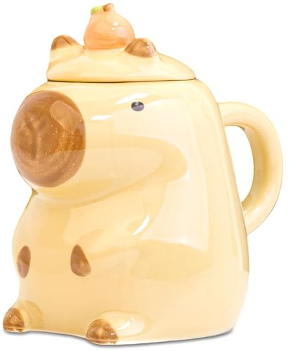 ZONSUSE Taza Divertida Capybara, Taza de Carpincho con Tapa, Taza de Cerámica 3D, Taza de Café Capibara,Linda Taza de Capuchino, Regalos para Niños y Niñas 450ml (Capybara con Empaque Irrompible)