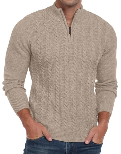 Hisir Mens Quarter Zip Jumper Cable Knit Crew-Neck Sweater Long Sleeve Jumpers Causal Pullover Winter for Men (Khaki, XL)