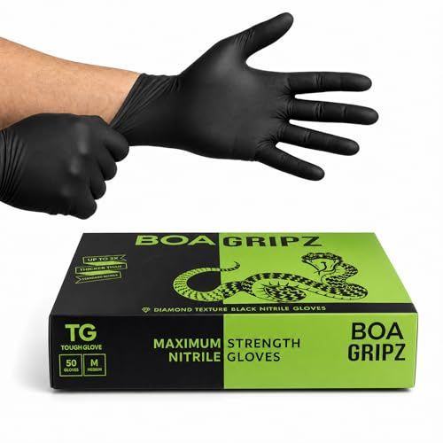 TG TOUGH GLOVE BOA Gripz Black Nitrile Gloves M, Diamond Grip, 50 Pack