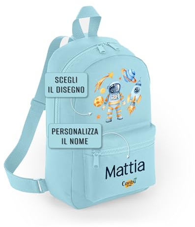 Caribu design Zainetto Bambino/Bambina Personalizzato con Nome - Zaino Piccolo da Bimbo - Cartella Personalizzabile per Scuola Asilo Materna Sport Gite Viaggi 23 x 35 x 12 cm (Azzurro)