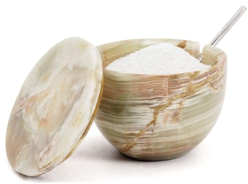 Sältunna med lock och sked Grön Onyx 133 g Marmoriserad saltbehållare för diskbänkshallning, kökskruka för kryddor, socker och hushållsorganisation