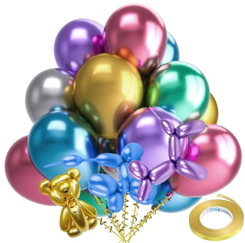 60Pcs Modelling Balloon Kit, 12 Inch Metallic Multicoloured Balloons, Long Twist Balloons, Natural Chrome Balloon, Shiny Rubber with Golden Ribbon, Rainbow Latex for Clown Decoration