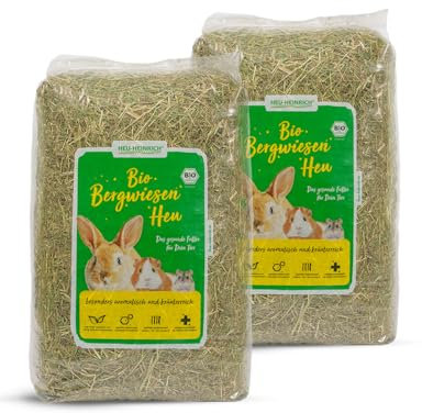 Heu-Heinrich® Heno de prado de montaña orgánico del Parque Natural del Bosque de Turingia - Camada y alimento para roedores, conejos, cobayas, hámsters, conejos (2 x 4 kg)