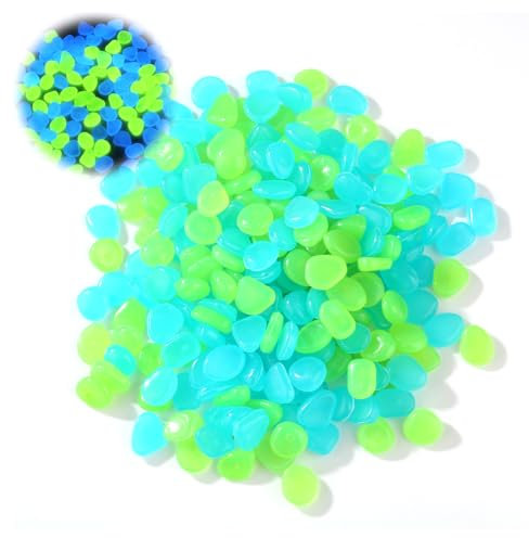 OHREN 100 pièces Pierres Lumineuses en Résine Fluorescente, Brille dans le Noir Galets Mini Décoratifs pour Jardin, Allées, Pots de Plantes, Aquarium (bleu et vert)