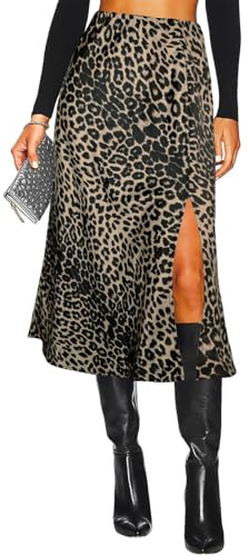 Gonna Longuette da Donna in Raso con Spacco Laterale a Una Linea Elastica a Vita Alta con Stampa Leopardata Ghepardo gonne Lunghe in Seta per Le Donne, Marrone Leopardato., L