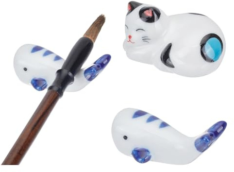 PH PandaHall 2 soportes para pinceles de pintura, soporte para palillos de cerámica con diseño de gato, para pinceles de caligrafía china, soporte para palillos para cuchara, tenedor, palillos, cocina