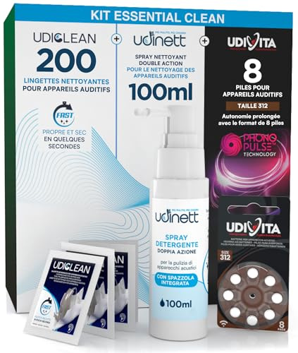 8 Pilas para Audífonos Tamaño 312 PR41 Marrón + 200 Toallitas Limpiadoras Udiclean + Spray Limpiador con Cepillo Integrado Udinett Elimina la Cera y la Suciedad 100ml - Kit Essential Clean