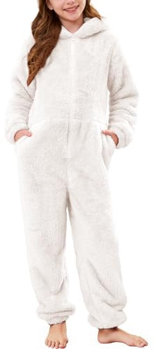 Flygo Girls Fleece Jumpsuits Fuzzy Hooded Rompers Kids Zip up Onesie Romper Costume Warm Winter Clothes 5-14 Years(Beige-M)