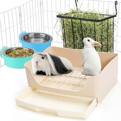 Leinuosen 4 Pcs 4 in 1 Rabbit Hay Feeder with Litter Box 2 Hanging Bowl,Rabbit Litter Box Metal Hay Rack Bunny Guinea Pig Hays Holder Bunny Bedding Toilet for Guinea Pig Chinchilla Other Small Animal