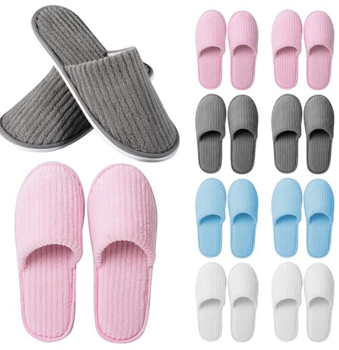 Lot De 8 Paires De Pantoufles D'hôtel, Chaussons Invités, Pantoufles D'invités En Velours Corail, Spa Slippers, Pantoufle En Tissu Éponge Avec Fermés, Lavables, Antidérapantes Pour Maison, Hôtel