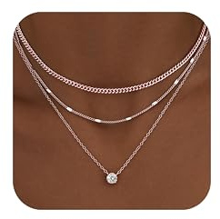 WomenGifts Layered Rose Gold Necklaces for Women, Rose Gold Cute Pendant Necklace Set with Dainty Cubic Zirconia, Stackable Cuban Chain Choker, Trendy Waterproof Jewelry Gift