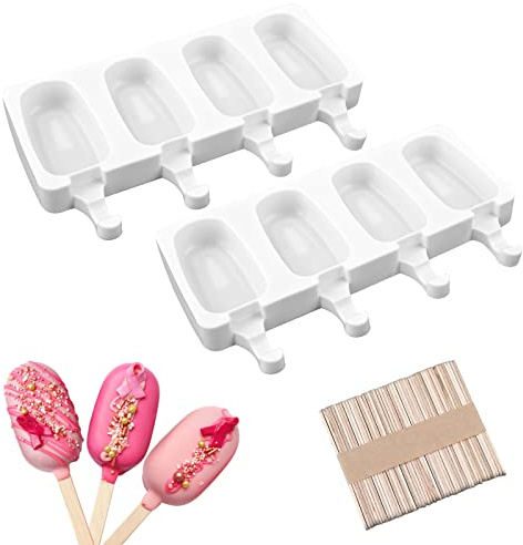 Sakolla 2 Pack Mini Popsicle Silicone Molds, 4 Cavities Oval Ice Pop Molds with 50 Wooden Sticks for Homemade Ice Cream, Cakesicles, Cake Pop (White)