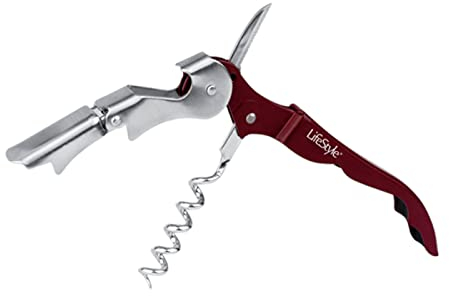 Sacacorchos de acero inox especial para camarero color granate, con varias funciones y de 12 x 2 cm. Abridor para vino, chapas... con cuchilla para capsula de vino. Abrebotellas hostelería.