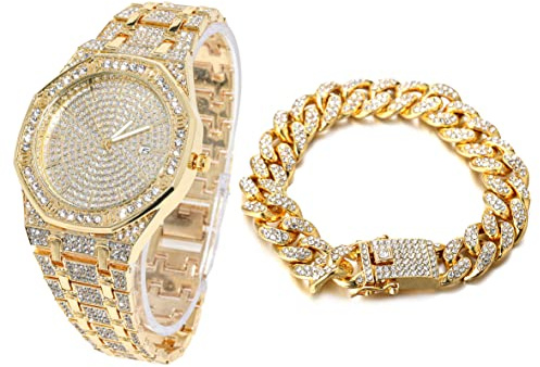 HALUKAKAH Diamanti Orologio Oro, Uomo Placcato Oro Reale 18K 40MM Largo Ottagonale Tondo Componi Quarzo Cinturino 22cm con Link Cubano Catena 20cm Bracciale Set, con Scatola Regalo