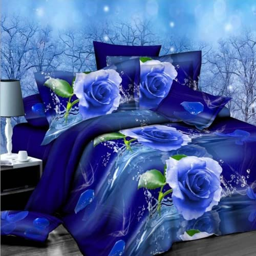 AMCYT Blaue Rosenbettwäsche Bettwäsche 135x200 3D Romantische Blume rote Blaue,Bedruckte Bettwäsche Tröster Set Romantische Blume Bettbezug (Blaue1,200x200cm/80X80cm)