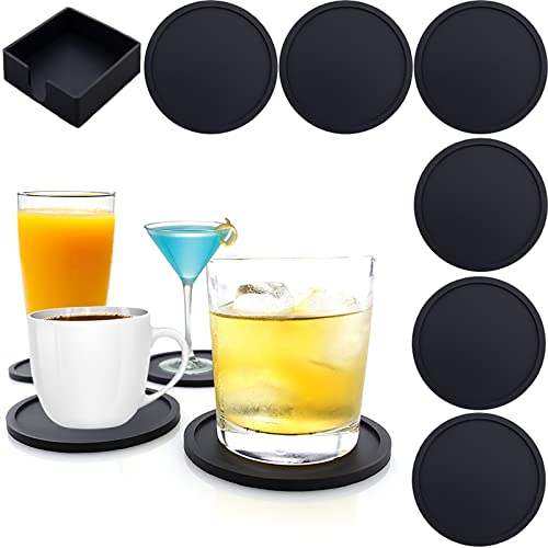 Drink Coasters Set of 6 Cup Pad Mat Black Round Silicone Rubber Mug Coaster Non Slip for Coffee Beer Mug Wine Glass Bottle Home and Bar, Black