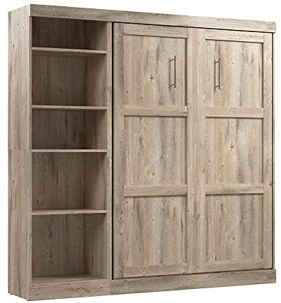 Bestar Pur Full Murphy Bed with Shelving Unit, 84-inch Space-Saving Sleeping Arrangement for Multipurpose Room in Rustic Brown