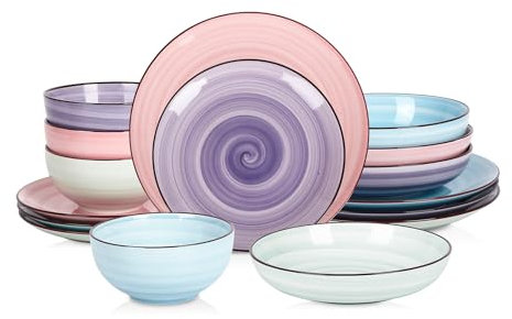 Selamica Ceramic 16-Pieces Dinnerware Set, Ceramic Dishes Set for 4, Kitchen Plates and Bowls Sets, Dinner Plates Set, Spray Black Dots, Gradient Color