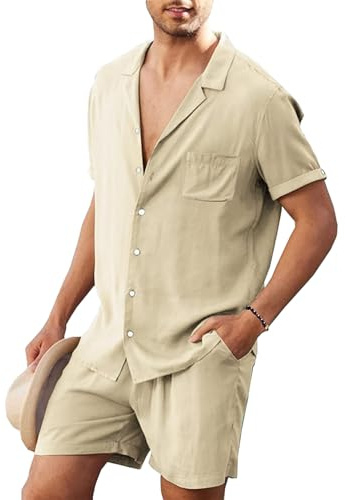aromm Hombre Manga Corta Camisa & Pantalones Cortos 2 Piezas Casual Verano Outfits Beige para Playa Vacaciones Deportivo, 3XL
