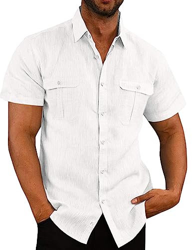 Linen Shirts Men Short Sleeve Button Down Casual Shirts Summer Hawaiian Lapel Blouses Cotton Linen Shirt Regular Fit Holiday Beach Shirt Solid Henley Shirt with Pocket UK Size 8-22 Clearance