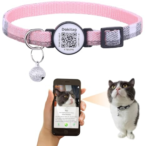 DOKITAG Cat Collar Breakaway with QR Code Name Tag, Pet ID Tag,Online Profile-Scan QR Receive Instant Pet Location Alert Email (Pink)