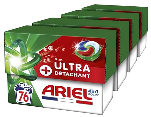Ariel PODS 4en1 +Ultra Détachant, Lessive en Capsule, 76 Lavages (4X19), Élimine Même les Tâches Incrustées Depuis 7 Jours, Dissolution Rapide Même à Froid, Fabriqué en France