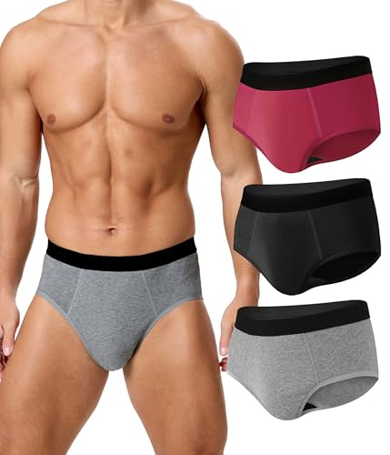 BEENIUBEE Incontinence Pants for Men 3 Pack, Washable Cotton Incontinence Pants with Absorbent Pad 150ml Urine Volume,Reusable Underpants,Leakproof Underwear Trunks Men(Multicolore, L)