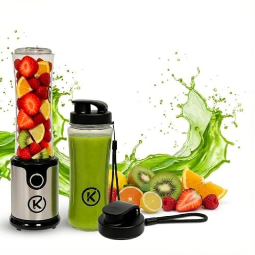 Batidora de Vaso Eléctrica 500ml, 300W, 4 Cuchillas Inox, 2 Botellas Tritan sin BPA, 23.000 rpm, Apta Lavavajillas, Batidora Compacta para Batidos, Smoothies, Zumos y Proteínas.