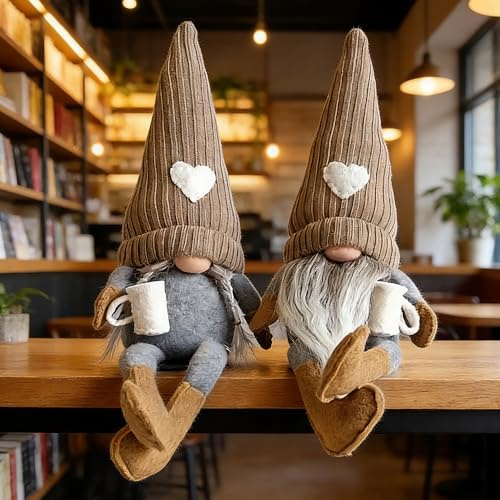 LYPPUL 2 Pezzi Caffè Gnome Peluche Bambola, Coffee Gonks Peluche Doll Decor, Handmade Coffee Bar Gnomes Decor per Caffè Bar Decorazione Della Cucina di Casa, Regali da Cucina（Marrone）