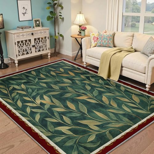 BYLEEHOMED Tappeti per aree frondose di rami di salice 80x150cm Soggiorno Boho Foglia verde scuro Botanica Grande tappeto lavabile per camera da letto con pelo basso morbido