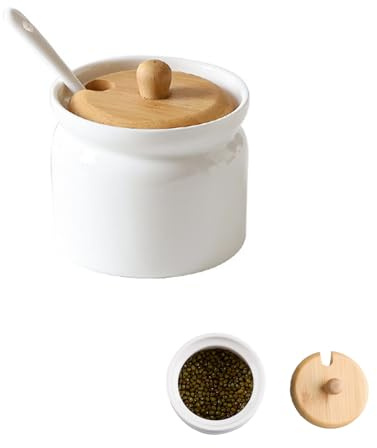 Shuqio Tarros de cerámica para especias con tapa, lata de azúcar blanca, lata de café hermética con una pequeña cuchara de cerámica para café, azúcar, té, especias, etc. (180 ml, 6,8 x 8 cm)