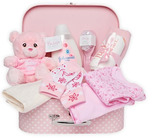 Cesta de Bebé Recién Nacido Niña Estilo Maletín – Caja de Recuerdos Rosa con Osito, Muselina, Ropa y Esenciales para Bebé – Regalo Ideal para Baby Shower