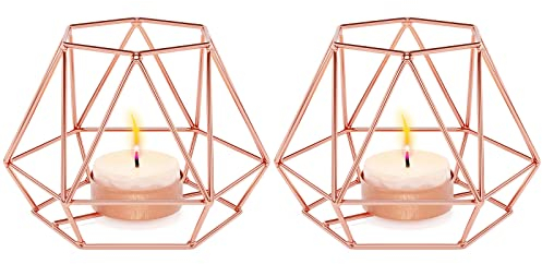 MoYouno 2Pcs Tea Light Candle Holders Set Home Decor, Metal Hollow Iron Decorative Candle Lanterns Holder, Ornament for Living Room, Wedding, Party, Events (Rose Gold)