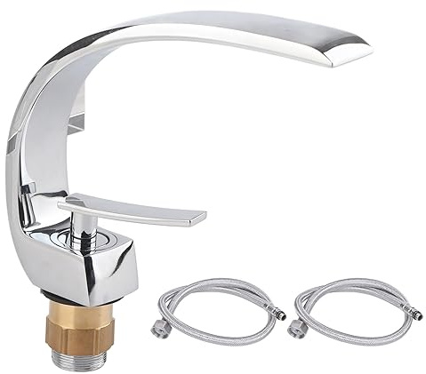Rubinetto Lavabo Bagno con Tubo 60 cm, Miscelatore Monocomando Acqua Calda Fredda, Design Curvo in Ottone Cromato, Rubinetto del Lavandino G1/2
