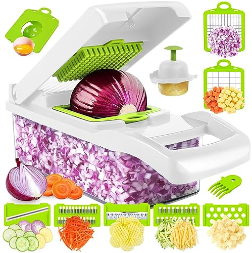 MAIPOR Picador de verduras – Picador de cebolla – Multifuncional 15 en 1 profesional cortador de alimentos – Cortador de verduras de cocina con recipiente – Cortador de huevos