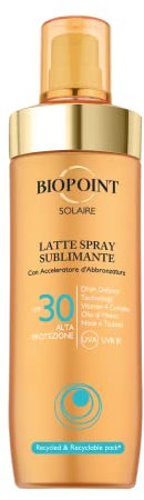 Biopoint Solaire - Latte Solare Spray Sublimante SPF 30 con Acceleratore di Abbronzatura, Azione Antiossidante e Idratante, Dona una Pelle Dorata e Luminosa, 250 ml