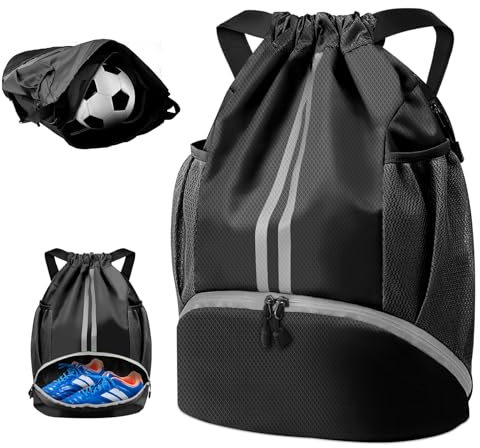 BROTOU Unisex Drawstring Backpack, Waterproof Gym Bag, Large Oxford PE Pack, Students School Backpack, Durable Sports Ball Bag, with Shoe Bag (A, Black)