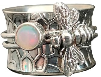 hsiyyecg Anillo giratorio retro de piedra lunar y abeja para mujer, diseño bohemio, hecho a mano, para la ansiedad, preocupación, meditación, pulgar, joyería giratoria, anillos de piedra natal de