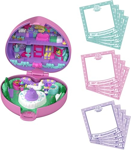 Polly Pocket Puppen und Spielset, Sammler Nostalgie Schatulle, 35. Geburtstag Party-Stempel Schatulle mit 2 Puppen, 3 Party-Stempeln und 12 Karten, HWP20