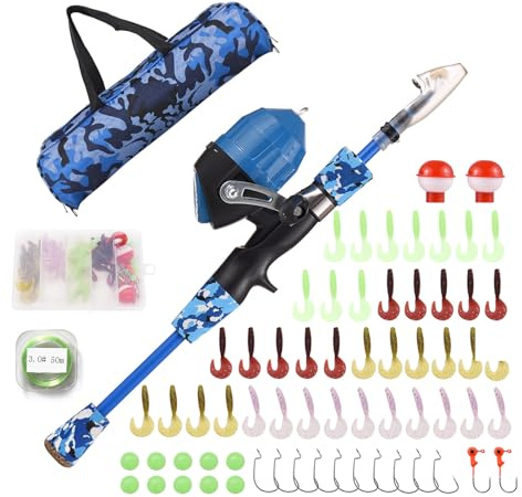SOUUXIU Canna da Pesca per Bambini, Canna da Pesca telescopica e Kit Combinato Mulinello con Esche da Pesca, lenze, ami da Pesca