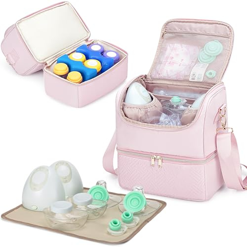 Fasrom Breast Pump Bag with Cooler Compatible with Elvie and Medela Pump, Wearable Breast Milk Storage Bag Cooler with Crossbody Strap and Waterproof Mat for Work Moms, Pink(Empty Bag Only)