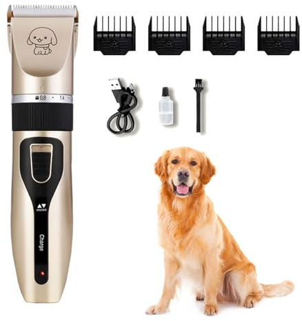 Wiederaufladbar Hundeschermaschine,Schermaschine Hund Katze,Profi Elektrische Hundetrimmer,Tierhaarschneidemaschine,Schnurlosen Haarschneidemaschine für Pfoten,Augen,Ohren,Gesicht,Körper,Golden