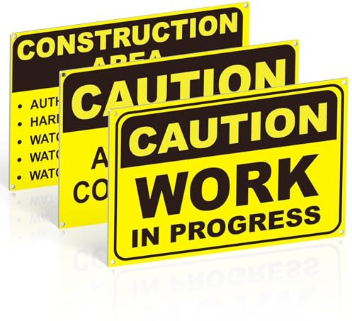 3-Pack of Warning Signs for Construction Site, Caution Work in Progress, Construction Area, 300x200mm, 1mm PVC Rigid Plastic, Matte Finish, 4 Pre-Drilled Holes and Adhesive Backing