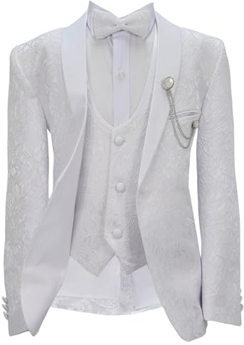 Boy’s Patterned Communion Tuxedo Suit Slim Fit 5 Piece Complete Occasion Outfit Set Harput 134 White, Age 7 Years US